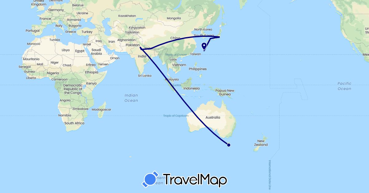 TravelMap itinerary: driving in Australia, India, Japan, Nepal (Asia, Oceania)